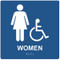 A photograph of a blue 03520 ADA braille tactile handicap accessible women's restroom sign, reading WOMEN with accessibility icon, and dimensions 8"w x 8"h.