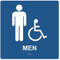 A photograph of a blue 03520 ADA braille tactile handicap accessible men's restroom sign, reading MEN with accessibility icon, and dimensions 8"w x 8"h.