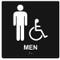 A photograph of a black 03520 ADA braille tactile handicap accessible men's restroom sign, reading MEN with accessibility icon, and dimensions 8"w x 8"h.