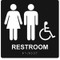A photograph of a white on black 03511 ADA braille tactile sign, reading restroom with female, male and accessibility icons, and dimensions 8"w x 8"h.