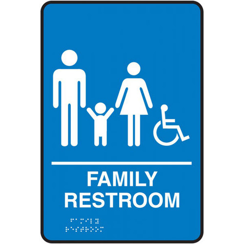 A photograph of a blue 03512 ADA braille tactile sign, reading family restroom with family and accessibility icons.