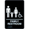 A photograph of a black 03512 ADA braille tactile sign, reading family restroom with family and accessibility icons.