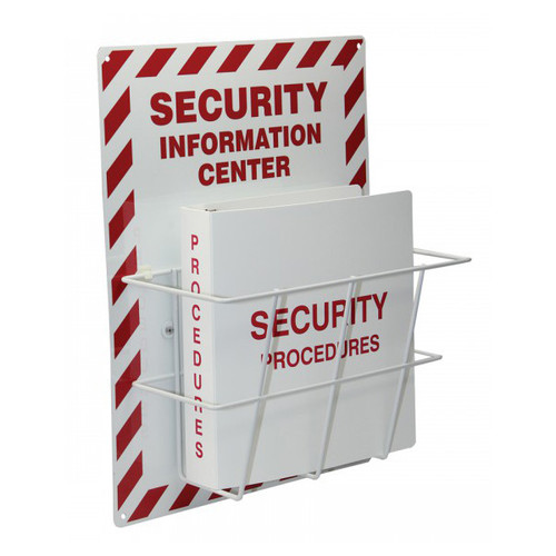 A photograph of a red and white 08216 security information center with binder.