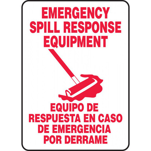 A photograph of a red and white 40002 bilingual english/spanish emergency spill response equipment sign with graphic.