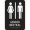 A photograph of a black 03508 ADA braille tactile restroom sign, reading gender neutral with female and male icons.