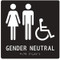 A photograph of a black 03509 ADA braille tactile restroom sign, reading gender neutral with female, male and accessibility icons.