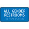 A photograph of a blue 03507 all gender restrooms ADA braille tactile sign, with text only, and dimensions 6" w x 3" h.