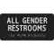 A photograph of a black 03507 all gender restrooms ADA braille tactile sign, with text only, and dimensions 6" w x 3" h.