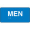 A photograph of a blue 03507 men ADA braille tactile sign, with text only, and dimensions 6" w x 3"h.