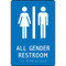 A photograph of a blue 03522 ADA braille tactile restroom sign, reading all gender restroom with female and male icons.