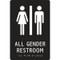 A photograph of a black 03522 ADA braille tactile restroom sign, reading all gender restroom with female and male icons.