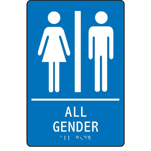 A photograph of a blue 03522 ADA braille tactile restroom sign, reading all gender with female and male icons.