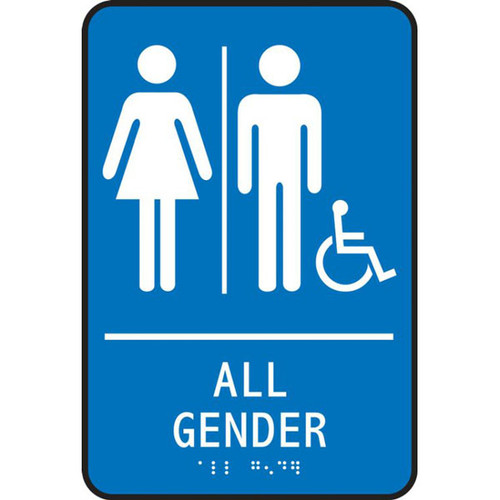 A photograph of a blue 03523 ADA braille tactile restroom sign, all gender with female, male and accessibility icons.