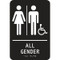 A photograph of a black 03523 ADA braille tactile restroom sign, all gender with female, male and accessibility icons.