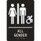 A photograph of a black 03523 ADA braille tactile restroom sign, all gender with female, male and modified accessibility icons.