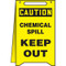 A drawing of a yellow 40003 caution, chemical spill keep out, fold-ups® freestanding sign.