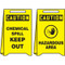 A drawing of front and back of a yellow 40004 reversible caution chemical spill keep out and hazardous area, fold-ups® freestanding sign.