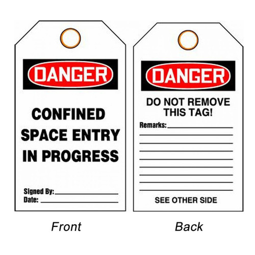 A photograph of front and back of a 08505 danger, confined space entry in progress tags.