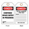 A photograph of front and back of a 08505 danger, confined space entry in progress tags.