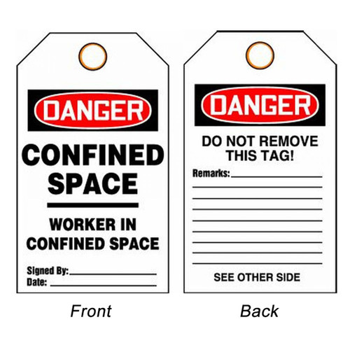A photograph of front and back of a 08506 danger, confined space worker in confined space tags.
