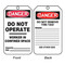 A photograph of front and back of a 08507 danger, do not operate, worker in confined space tags.