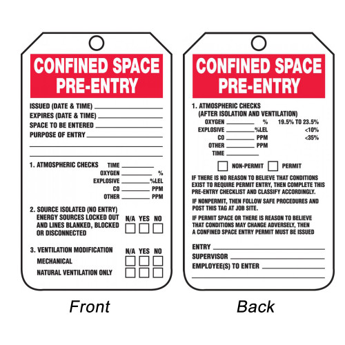 A photograph of front and back of a 08509 confined space pre-entry checklist tags.