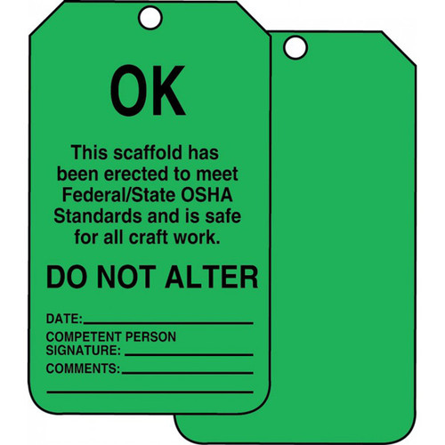 A photograph of front and back of a green 12252 scaffold ok status tag.