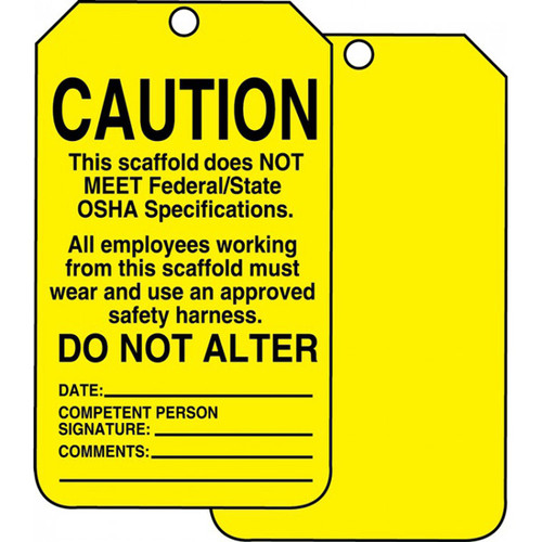 A photograph of front and back of a yellow a 12253 scaffold caution status tag.