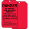 A photograph of front and back of a red 12254 scaffold danger status tag.