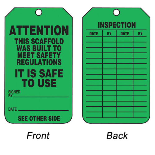 A photograph of front and back of a green 12260 scaffold attention safe to use status tag.
