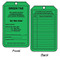 A photograph of front and back of a green 12261 weight capacity and inspection record scaffold status tag.