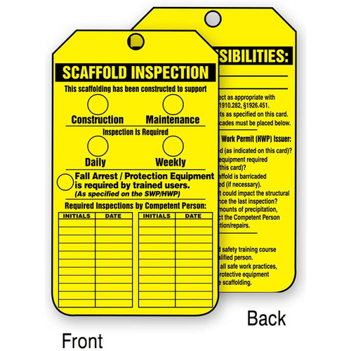 A photograph of a front and back of a yellow 12263 scaffold inspection tag.