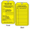 A photograph of front and back of a yellow 12264 weight capacity, hazard, and inspection record scaffold safety status tag.