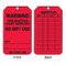 A photograph of front and back of a red 12266 warning this scaffold is not complete do not use, scaffold permit tag.