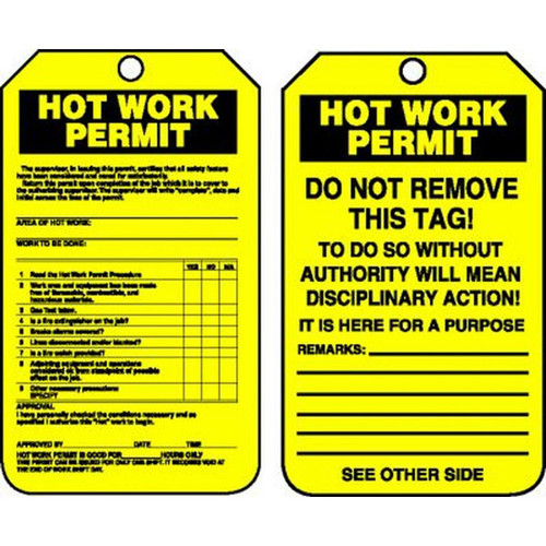 A photograph of front and back of a yellow 12270 confined space hot work permit tag.