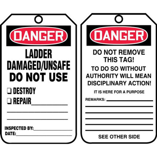 A photograph of front and back of a 12291 danger ladder damaged/unsafe do not use ladder tags.