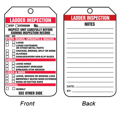 A photograph of front and back of a 12292 ladder inspection tag with checklist.