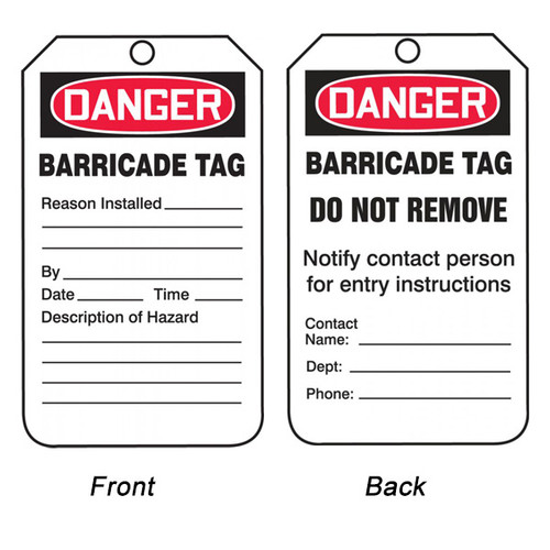 A photograph of front and back of a 12272 danger barricade tag.