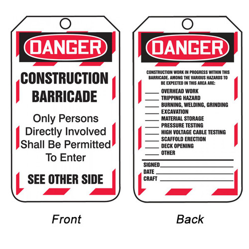 A photograph of front and back of a 12273 danger construction barricade tag with checklist.