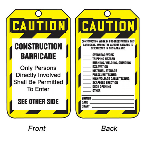 A photograph of front and back of a 12275 caution construction barricade tag with checklist.