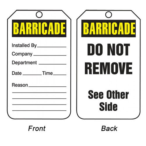 A photograph of front and back of a white and yellow 12276 barricade tag reading do not remove.