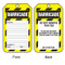 A photograph of front and back of a yellow and black striped 12277 barricade tags reading do not remove this tag.