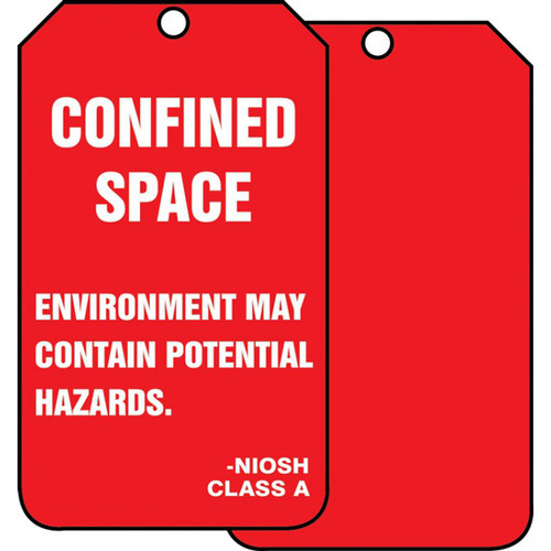 A photograph of front and a back of a red 12280 NIOSH class A environment may contain potential hazards, confined space tag.