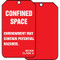 A photograph of front and a back of a red 12280 NIOSH class A environment may contain potential hazards, confined space tag.