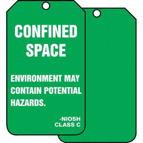 A photograph of front and back of a green 12281 NIOSH class C environment may contain potential hazards, confined space tag.