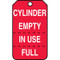 A photograph of a red 12294 cylinder status tags, with triple indicator tear-off reading cylinder empty, in use, full.