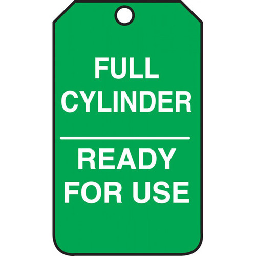 A photograph of a green 12295 cylinder status tag, reading full cylinder, ready for use.
