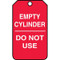 A photograph of a red 12296 cylinder status tags, reading empty cylinder, do not use.