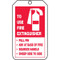 A photograph of front of a red and white 09381 fire extinguisher p.a.s.s. tag.