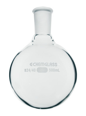 A photograph of a CG-1506-20 500 mL round bottom flask with a 24/40 joint.